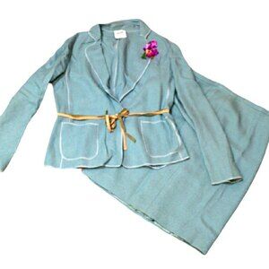 Moschino Blue Easter Skirt Suit Matching Set 100% Wool Ribbon Tie Blazer Jacket